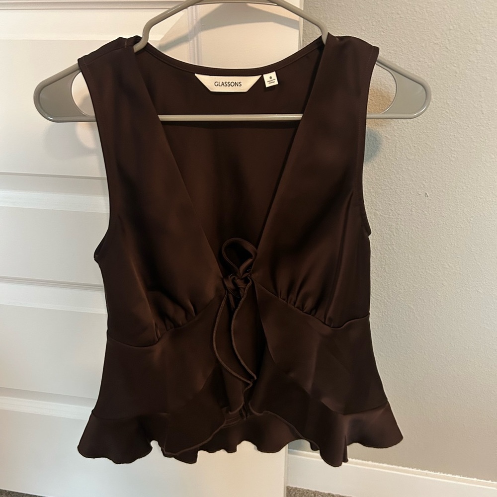 Glassons Dark Brown Ruffle Hem Blouse